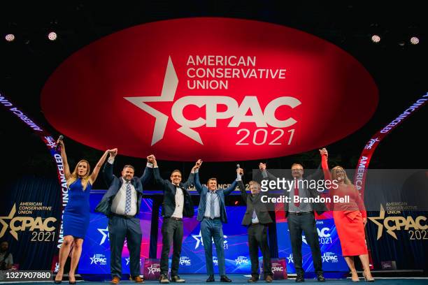 Project Veritas founder James O'Keefe concludes his speech during the Conservative Political Action Conference CPAC held at the Hilton Anatole on...