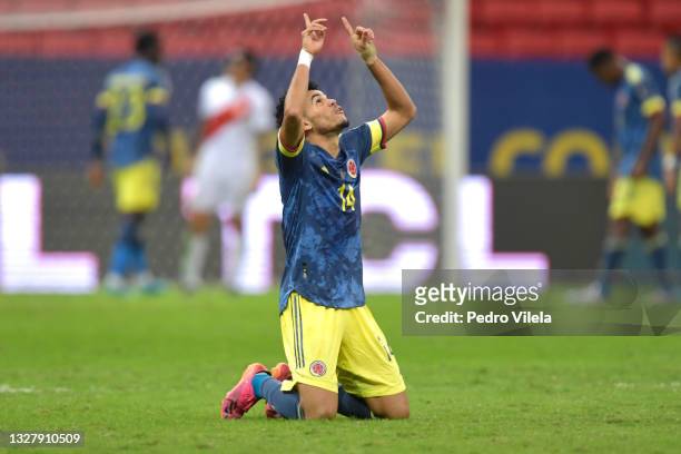 Luis Diaz of Colombia celebrates after winning a Third Place play off match between Peru and Colombia as part of Copa America Brazil 2021 at Mane...