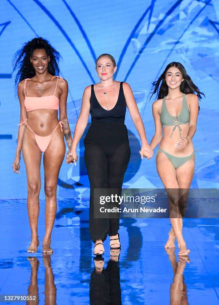 Jessica White, Designer Danielle Jacques and Kylin Kalani walk the runway at the Jacque Designs Swimwear Show during Miami Swim Week Powered By Art...