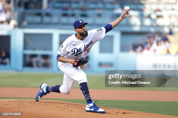 David Price of the Los Angeles Dodgers pitches against the Arizona Diamondbacks during the first inning at Dodger Stadium on July 09, 2021 in Los...