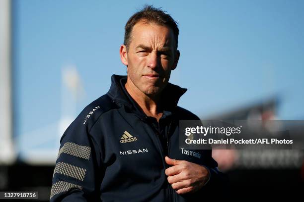 Hawks head coach Alastair Clarkson looks on before the round 17 AFL match between Hawthorn Hawks and Fremantle Dockers at University of Tasmania...