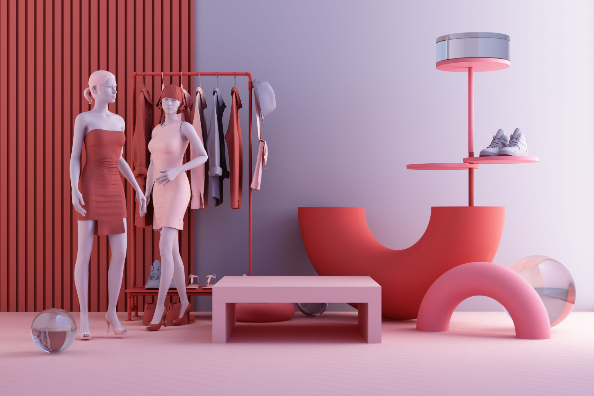 Clothes mannequins a hanger surrounding by bag and market prop with geometric shape on the floor in pink and blue color. 3d rendering Clothes mannequins a hanger surrounding by bag and market prop with geometric shape on the floor in pink and blue color. 3d rendering