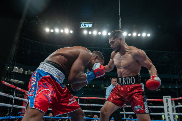 Gilberto “Zurdo” Ramirez and Sullivan Barrera fight at Banc of California Stadium on July 9, 2021 in Los Angeles, California.
