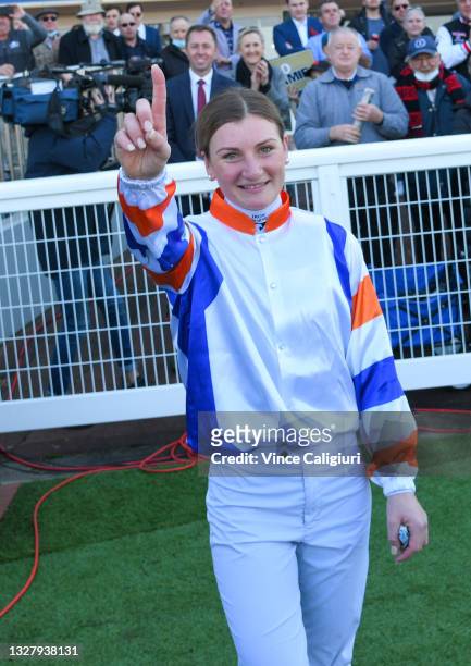 Jamie Kah after riding Deep Speed to win Race 2, the Neds Filter Form Handicap, during Melbourne Racing at Caulfield Racecourse on July 10, 2021 in...