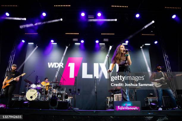 Alice Merton performs live on stage during the 1LIVE Festivalsommer at Waldfreibad Walbeck on July 09, 2021 in Geldern, Germany.