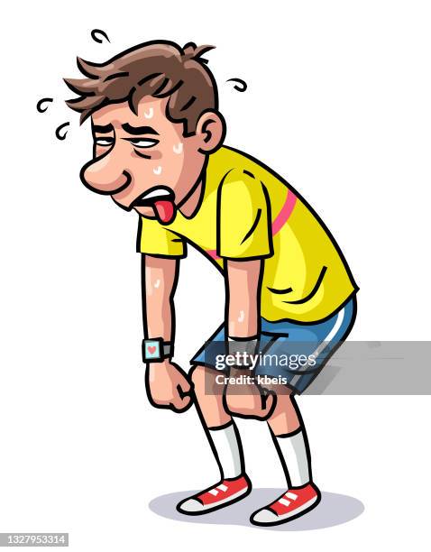 ilustraciones, imágenes clip art, dibujos animados e iconos de stock de agotado corredor jadeando por aire - reloj de pulsera
