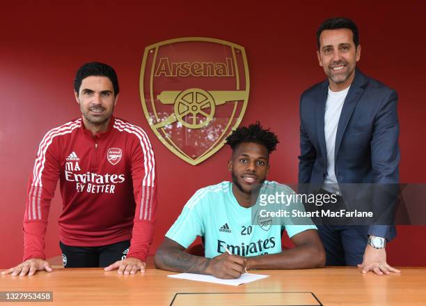 Arsenal manager Mikel Artet and Director of Football Edu unveil new signing Nuno Tavares at London Colney on July 10, 2021 in St Albans, England.