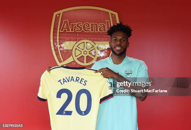 Arsenal unveil new signing Nuno Tavares at London Colney on July 10, 2021 in St Albans, England.