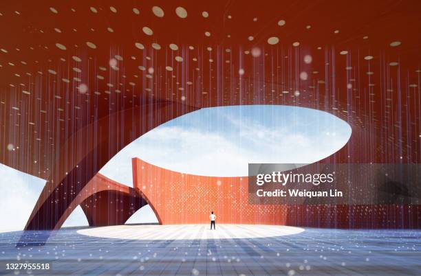 sci-fi three-dimensional space composite image, virtual reality concept image - abstract architecture and people stock pictures, royalty-free photos & images