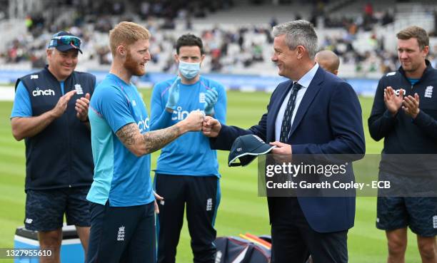 England captain Ben Stokes is presented with his 100th ODI cap by Managing Director England Men's Teams Ashley Giles ahead of the 2nd Royal London...