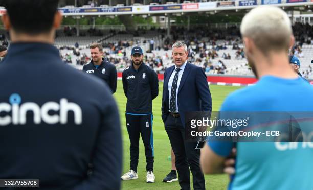 Managing Director England Men's Teams Ashley Giles speaks to the team before presenting England captain Ben Stokes with his 100th ODI cap ahead of...