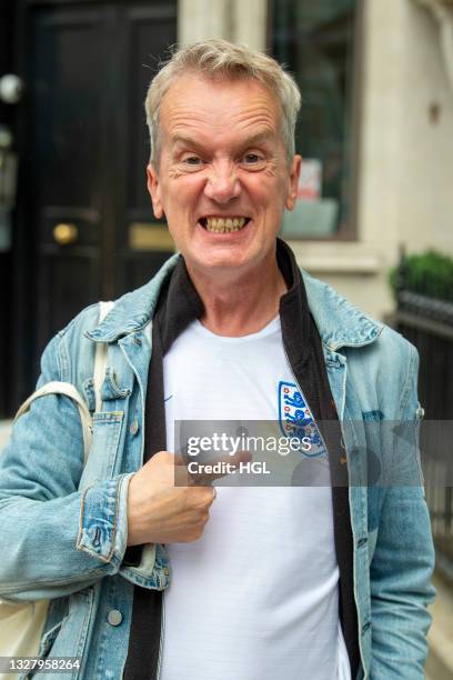 Frank Skinner seen outside the Global Radio studios wearing an England football shirt on July 10, 2021 in London, England.