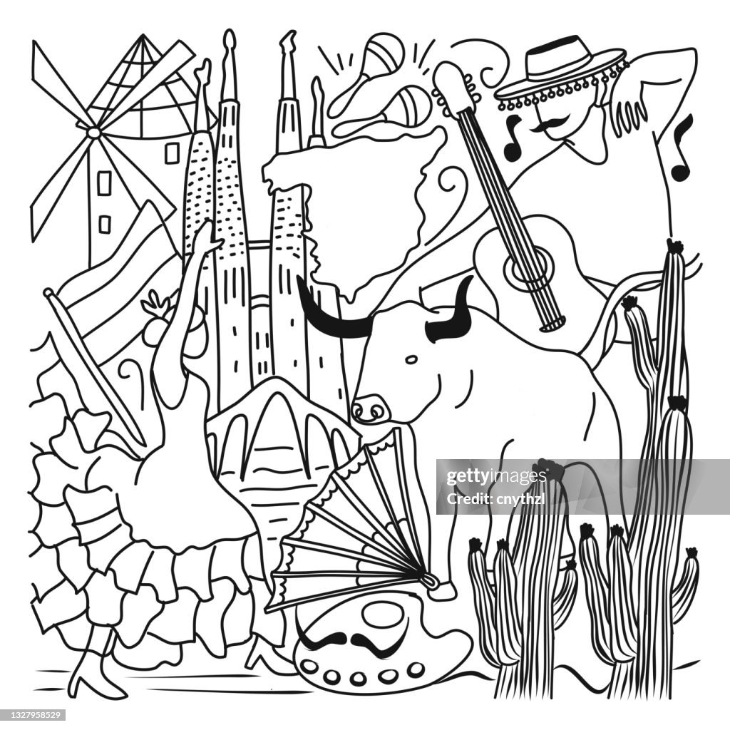 Spain Related Cartoon Doodle Illustration. Hand Drawn Vector