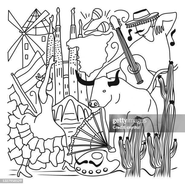 spain related cartoon doodle illustration. hand drawn vector - tapas stock illustrations