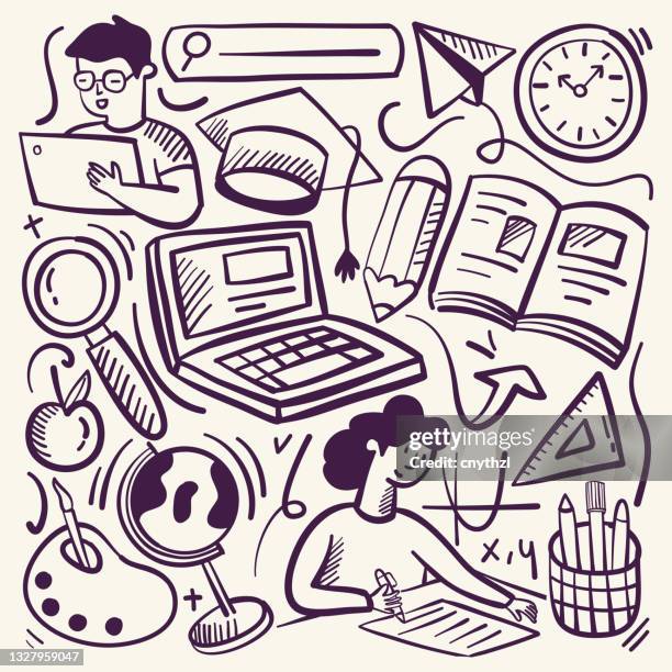 education related cartoon doodle illustration. hand drawn vector - homework 幅插畫檔、美工圖案、卡通及圖標