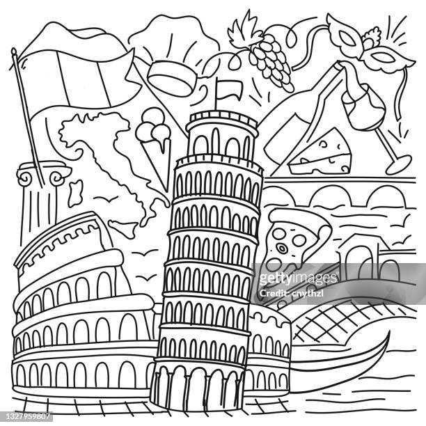 ilustraciones, imágenes clip art, dibujos animados e iconos de stock de italia relacionada con la ilustración del doodle de dibujos animados. vector dibujado a mano - coliseum rome
