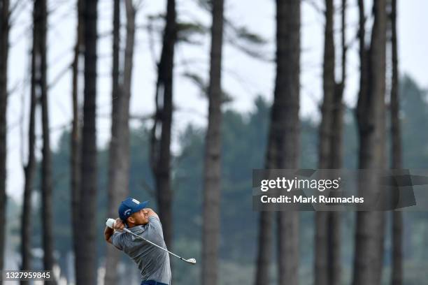 Xander Schauffele of The United States plays their second shot on the 1st hole during Day Three of the abrdn Scottish Open at The Renaissance Club on...