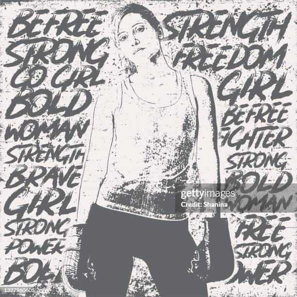 strong woman with handwriting empowering words - girl power graffitti stock illustrations