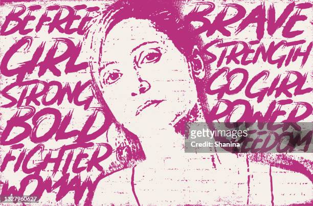 frauenporträt-graffiti mit handschrift, die wörter stärkt - v2 - frauenrechte stock-grafiken, -clipart, -cartoons und -symbole