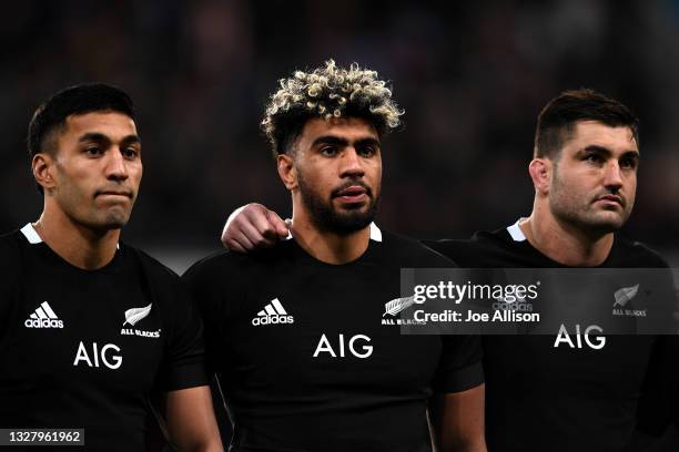 Rieko Ioane of the All Blacks, Hoskins Sotutu of the All Blacks, Luke Jacobson of the All Blacks look on ahead of the International Test Match...