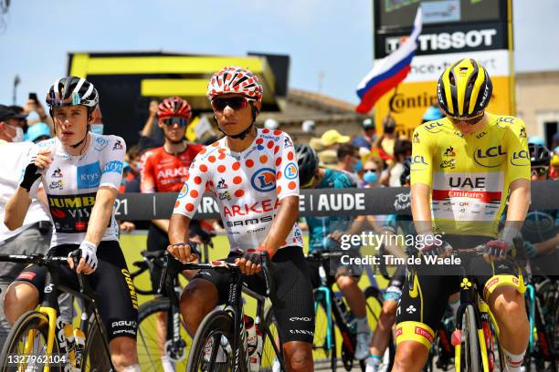 Jonas Vingegaard of Denmark and Team Jumbo-Visma White Best Young Rider Jersey, Nairo Quintana of Colombia and Team Arkéa Samsic Polka Dot Mountain...