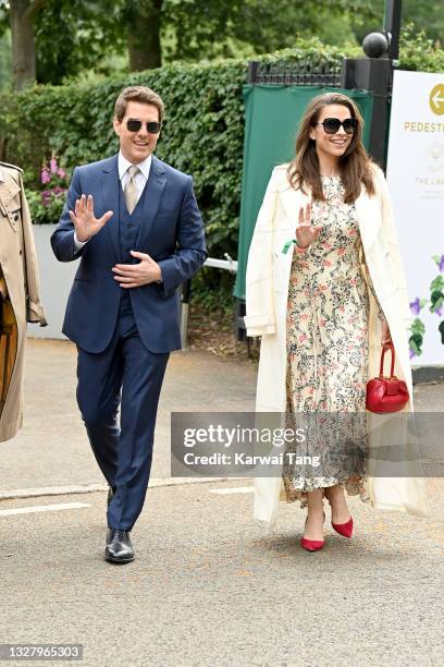 Tom Cruise and Hayley Atwell attend Wimbledon Championships Tennis Tournament at All England Lawn Tennis and Croquet Club on July 10, 2021 in London,...