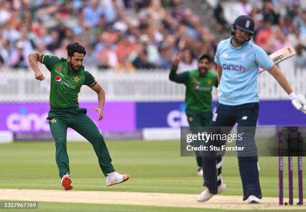 Pakistan bowler Hassan Ali celebrates after dismissing Dawid Malan during the 2nd Royal London ODI between England and Pakistan at Lord's Cricket...