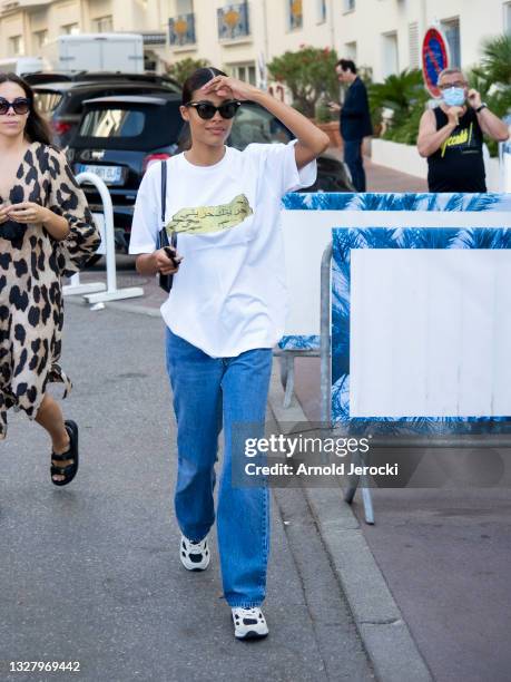 Tina Kunakey is seen at the Martinez Hotel during the 74th annual Cannes Film Festival on July 10, 2021 in Cannes, France.