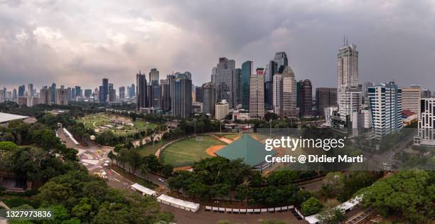 aerial panorama of the sunset over jakarta business district skyline - newly industrialized country stock pictures, royalty-free photos & images