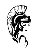 mythical Athena goddess wearing helmet black and white vector portrait