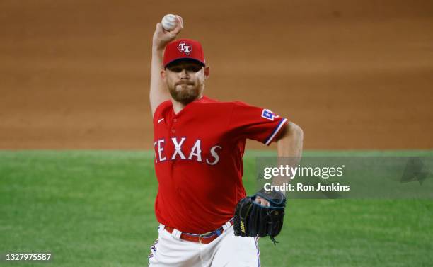 Ian Kennedy of the Texas Rangers pitches against the Oakland Athletics during the ninth inning at Globe Life Field on July 9, 2021 in Arlington,...