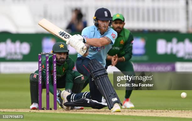 England batsman Ben Stokes reverse sweeps watched by wicketkeeper Rizwan during the 2nd Royal London ODI between England and Pakistan at Lord's...