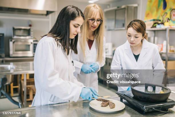 cientistas olhando para sua carne cultivada em laboratório - meat substitute - fotografias e filmes do acervo