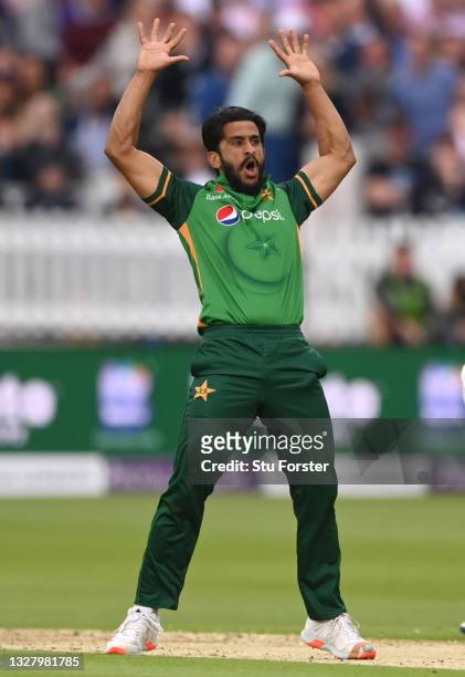 Pakistan bowler Hassan Ali celebrates after dismissing John Simpson during the 2nd Royal London ODI between England and Pakistan at Lord's Cricket...