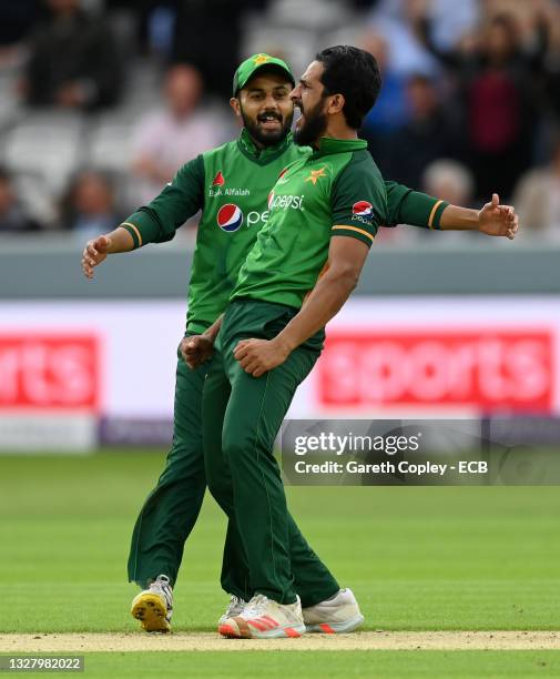 Hasan Ali of Pakistan celebrates bowling John Simpson of England during the 2nd Royal London Series One Day International between England and...