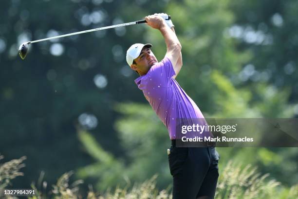Scottie Scheffler of the United States tees off on the 4th hole during Day Three of the abrdn Scottish Open at The Renaissance Club on July 10, 2021...