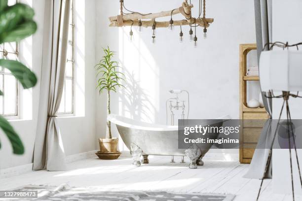 loft apartment industrial style white bathroom - bathroom bathtub stock pictures, royalty-free photos & images