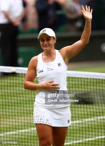 Ashleigh Barty of Australia celebrates winning match point during her Ladies' Singles Final match against Karolina Pliskova of The Czech Republic on...