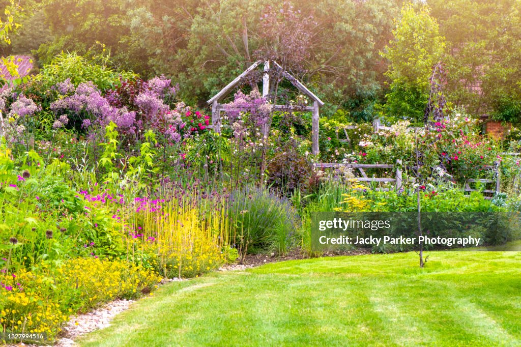 Beautiful English Cottage summer garden with rustic wooden pergola in soft sunshine