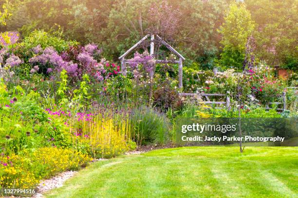 beautiful english cottage summer garden with rustic wooden pergola in soft sunshine - trädgård bildbanksfoton och bilder