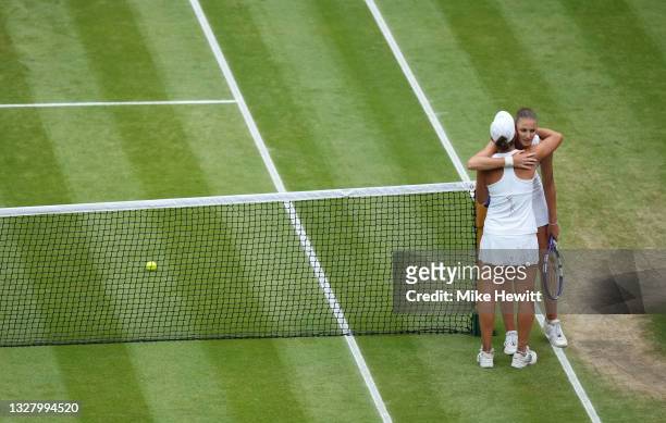 Ashleigh Barty of Australia interacts with Karolina Pliskova of The Czech Republic after winning their Ladies' Singles Final match against on Day...