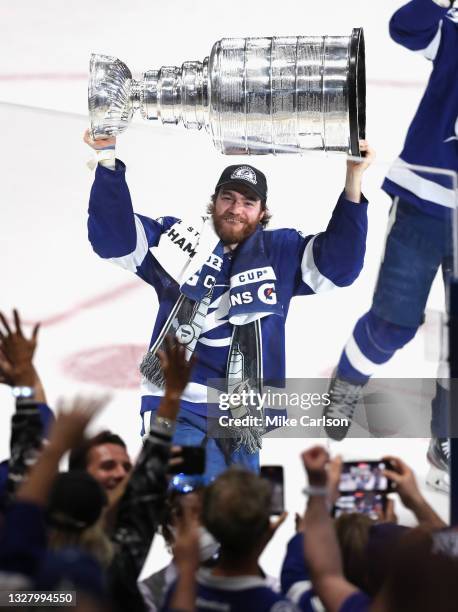 Brayden Point of the Tampa Bay Lightning skates with the Stanley Cup following the team's victory over the Montreal Canadiens in Game Five of the...