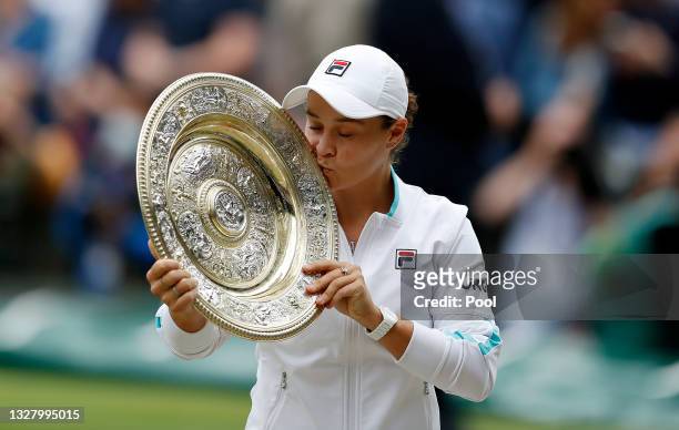 Ashleigh Barty of Australia celebrates with the Venus Rosewater Dish trophy after winning her Ladies' Singles Final match against Karolina Pliskova...