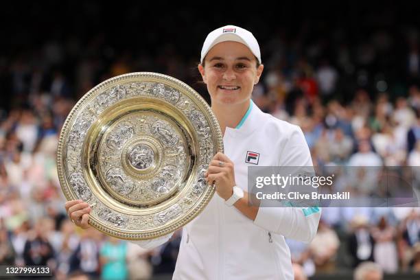 Ashleigh Barty of Australia celebrates with the Venus Rosewater Dish trophy after winning her Ladies' Singles Final match against Karolina Pliskova...