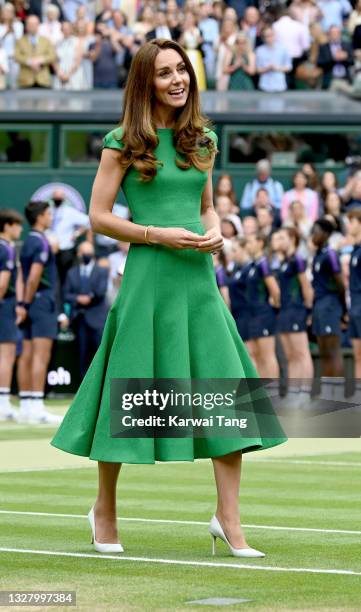 Catherine, Duchess of Cambridge attends Wimbledon Championships Tennis Tournament at All England Lawn Tennis and Croquet Club on July 10, 2021 in...
