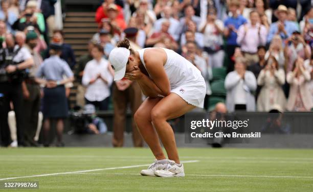 Ashleigh Barty of Australia celebrates winning her Ladies' Singles Final match against Karolina Pliskova of The Czech Republic on Day Twelve of The...