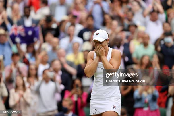 Ashleigh Barty of Australia celebrates winning her Ladies' Singles Final match against Karolina Pliskova of The Czech Republic on Day Twelve of The...