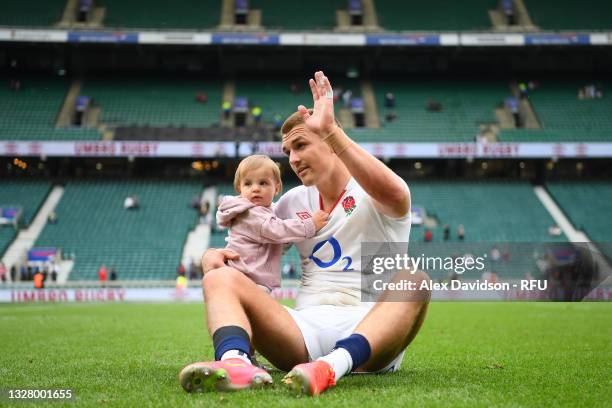 Henry Slade of England gestures to the fans following during the Summer International Friendly match between England and Canada at Twickenham Stadium...