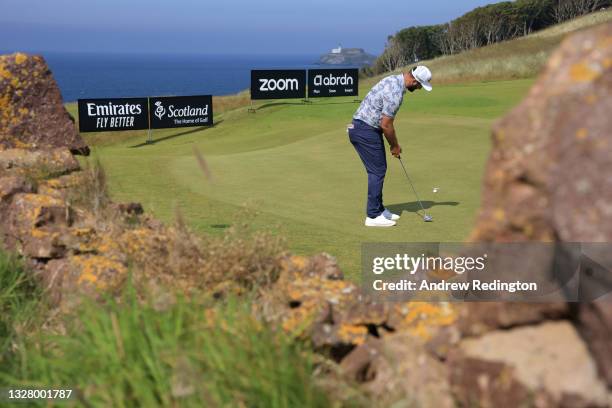 Jon Rahm of Spain putts on the 14th green during Day Three of the abrdn Scottish Open at The Renaissance Club on July 10, 2021 in North Berwick,...