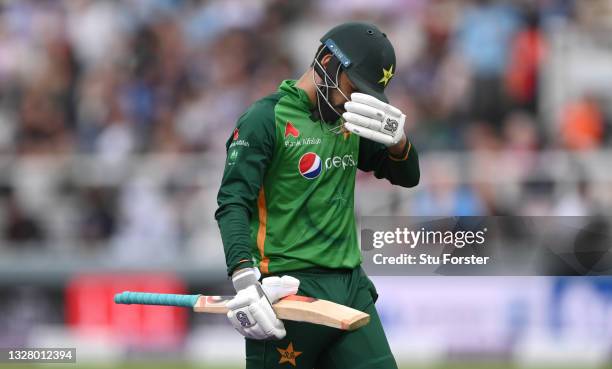 Pakistan batsman Shadab Khan reacts dejectedly after being dismissed during the 2nd Royal London ODI between England and Pakistan at Lord's Cricket...